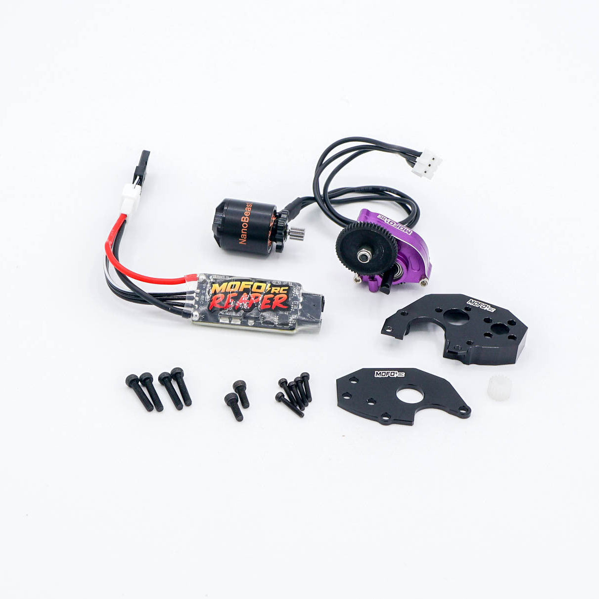 SCX24 NanoBeast LCG full combo — compact 14.6mm motor, ESC, mount and aluminum transmission