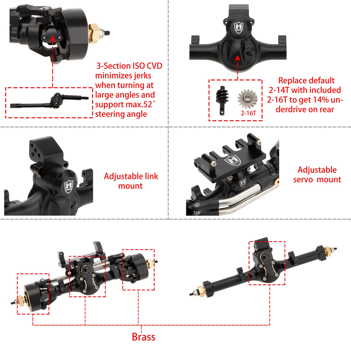 MEUS Racing | Isokinetic V2 Metal +5mm SCX24 Front & Rear Axle Set with 3-Section CVD