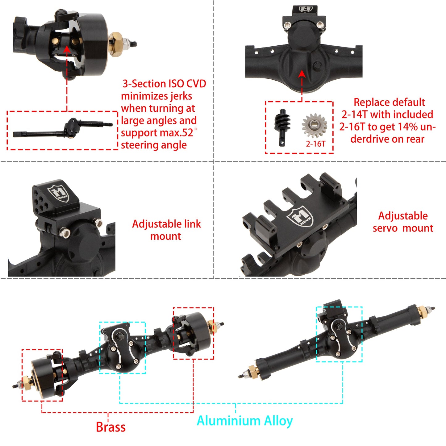 MEUS Racing | Isokinetic V2 Nylon +5mm SCX24 Front & Rear Axle Set with 3-Section CVD